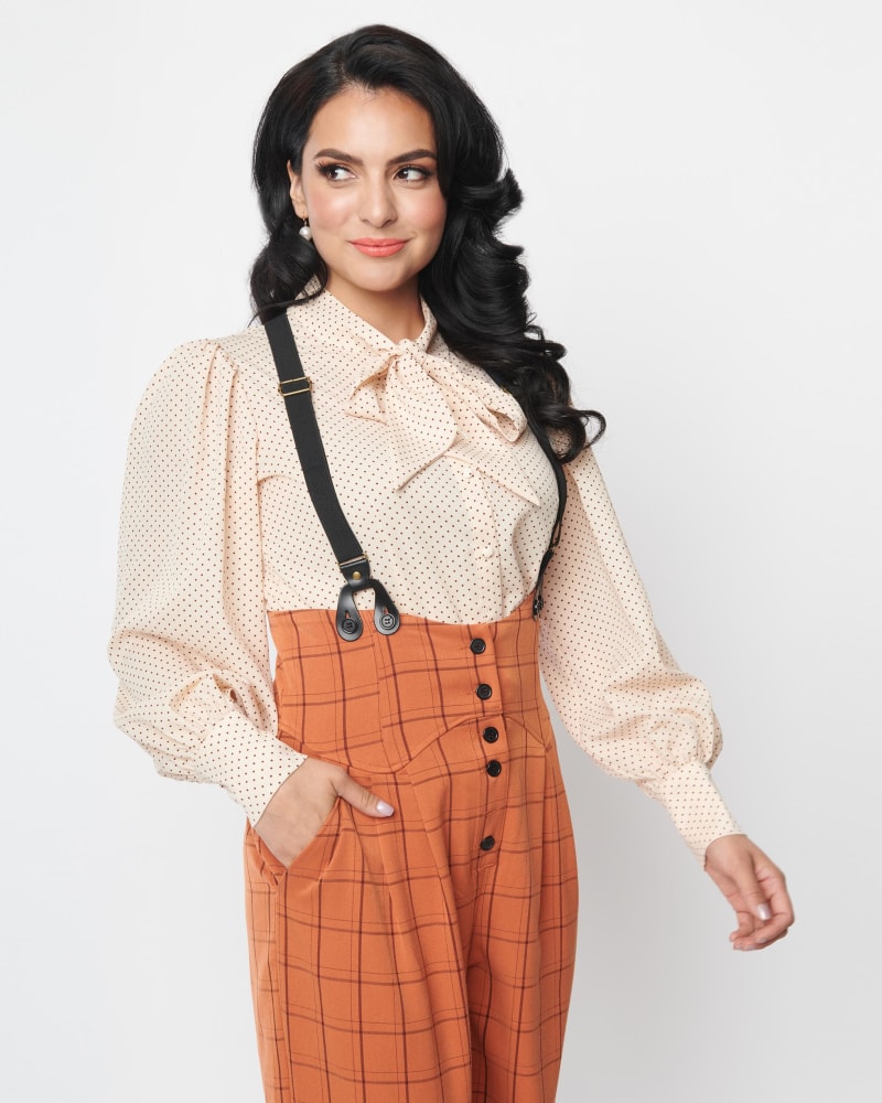 Front of a model wearing a size 1X Unique Vintage Peach & Brown Pin Dot Gwen Blouse in Peach & Brown by Unique Vintage. | dia_product_style_image_id:301913